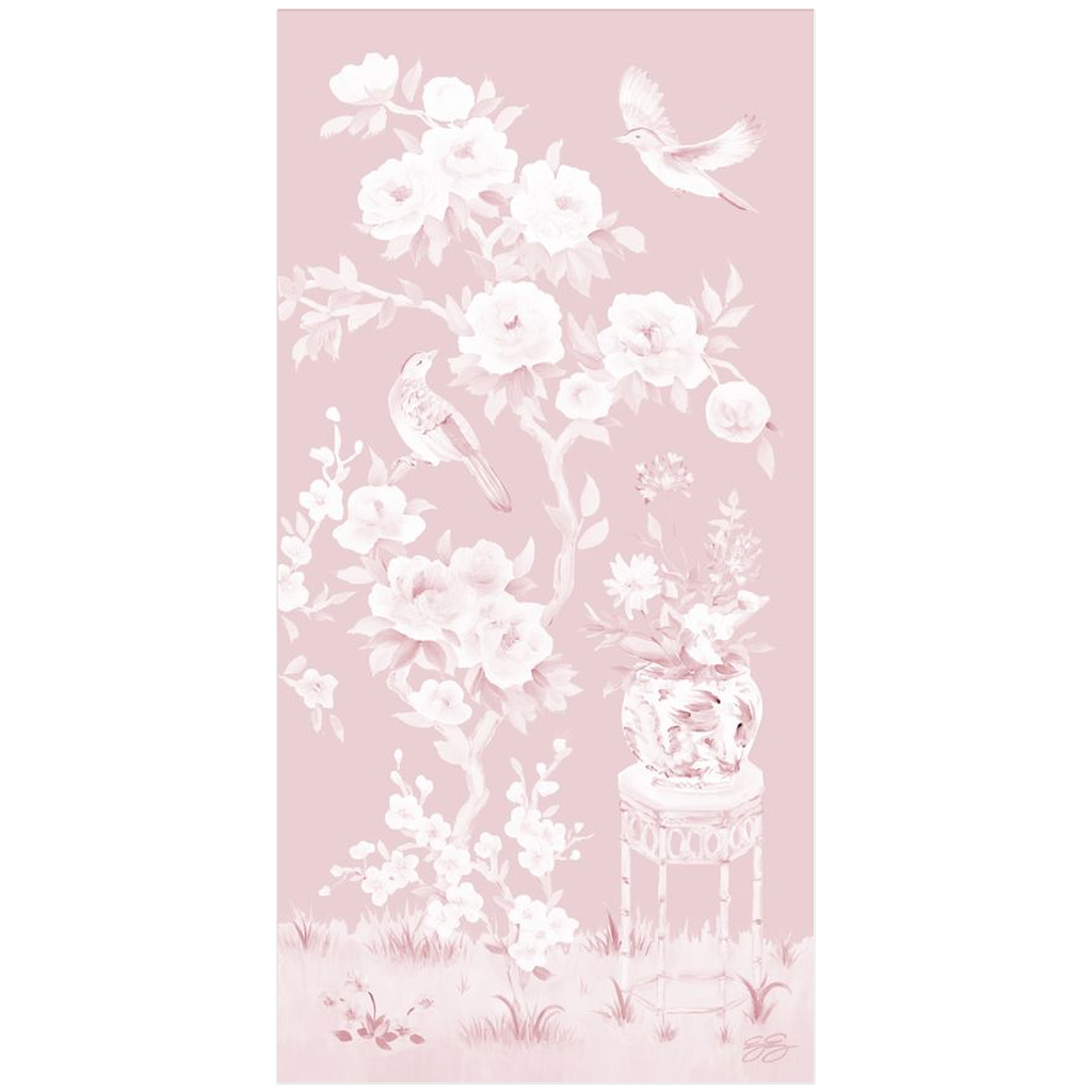 June, a tonal pink chinoiserie fine art print on paper with birds and peonies