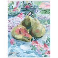 Load image into Gallery viewer, Pears on floral fabric, a fine art print on paper
