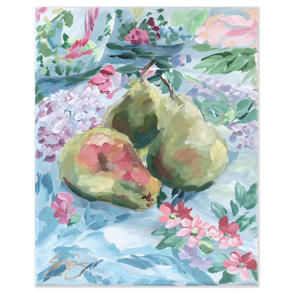 Pears on floral fabric, a fine art print on paper