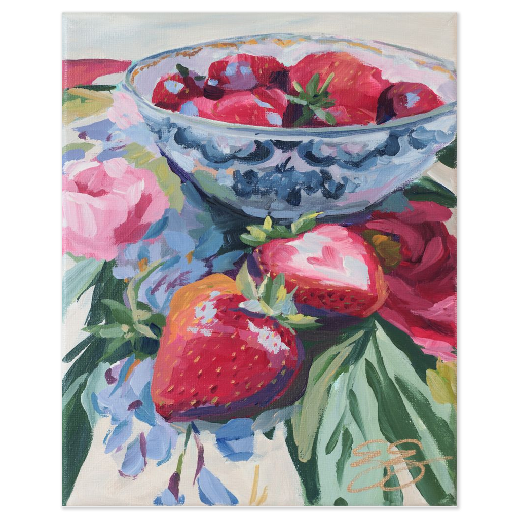 Strawberries on floral fabric, a fine art print on paper