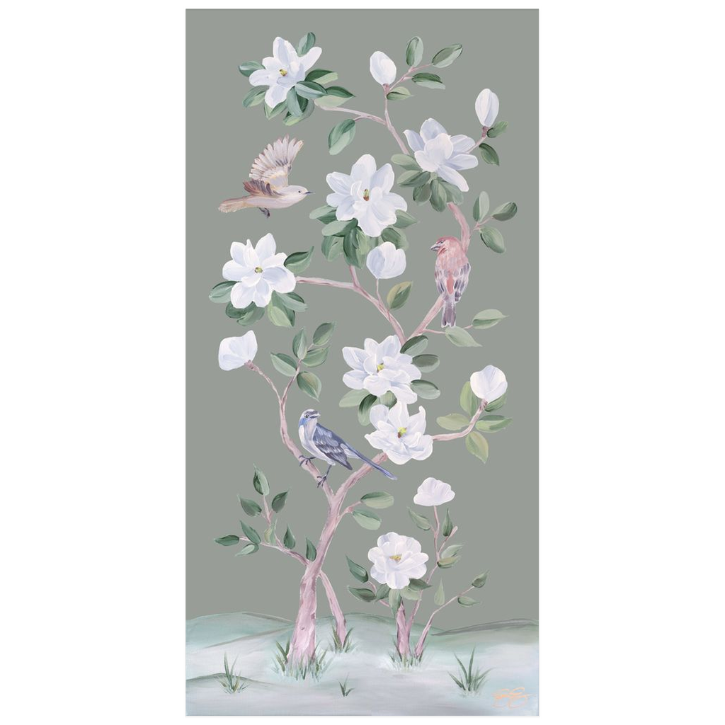 Songbirds and Magnolias, a green chinoiserie fine art print