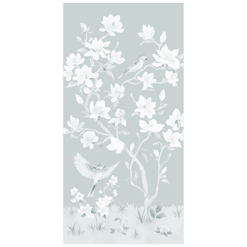 May, a tonal green chinoiserie fine art print on paper with birds and magnolia flowers