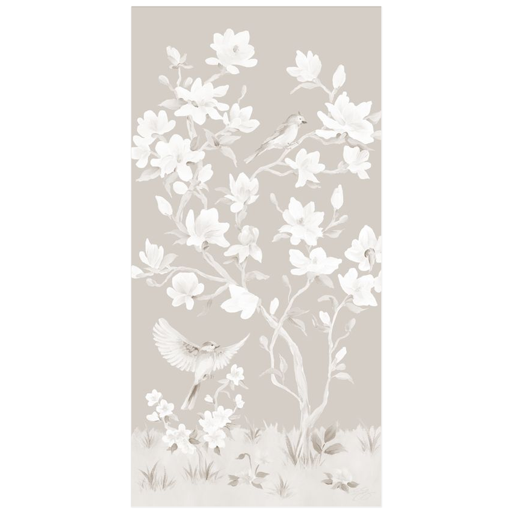 May, a tonal beige chinoiserie fine art print on paper with birds and magnolia flowers