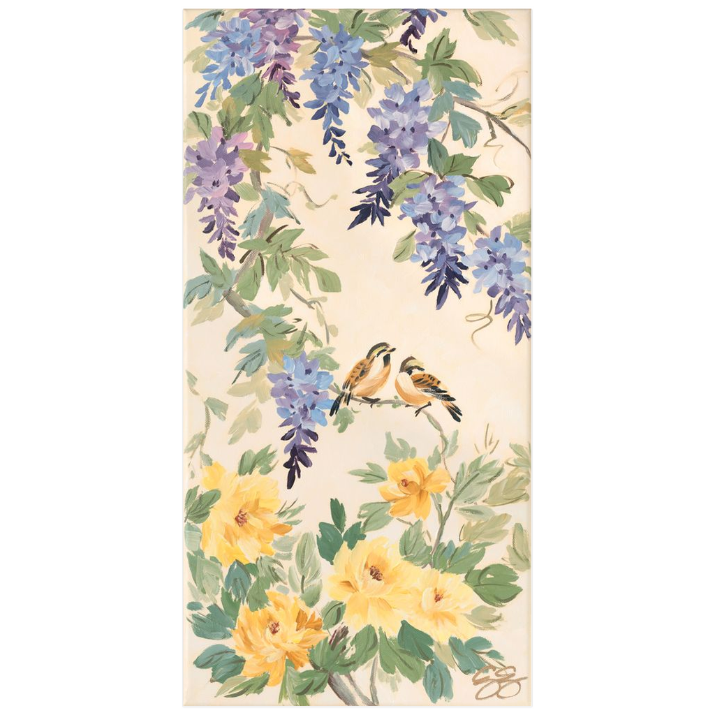 Amelia, a chinoiserie fine art print of purple wisteria, birds, and yellow peonies