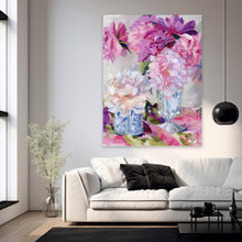 Load image into Gallery viewer, No. 386 Peonies in milk glass and blue and white vases, a fine art print on paper
