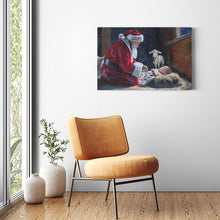 Load image into Gallery viewer, Santa kneeling before Baby Jesus, canvas wrap print
