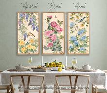 Load image into Gallery viewer, Amelia, a chinoiserie fine art print of purple wisteria, birds, and yellow peonies
