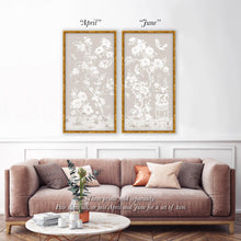 Load image into Gallery viewer, April, a tonal beige chinoiserie fine art print on paper with birds and cherry blossoms
