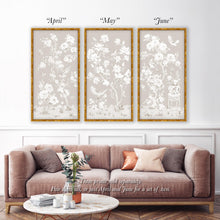 Load image into Gallery viewer, June, a tonal beige chinoiserie fine art print on paper with birds and peonies
