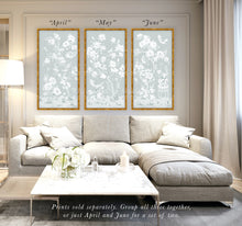 Load image into Gallery viewer, April, a tonal green chinoiserie fine art print on paper with birds and cherry blossoms
