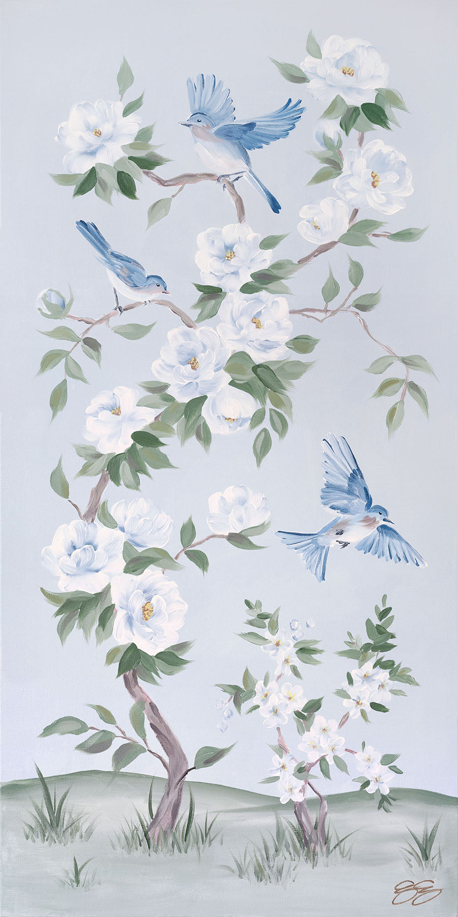 Bluebirds and Peonies - 20 x 40 canvas wrap sample