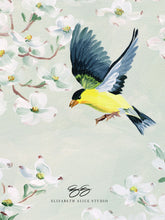 Load image into Gallery viewer, No. 264 Goldfinch and Dogwood, green chinoiserie canvas wrap, available framed
