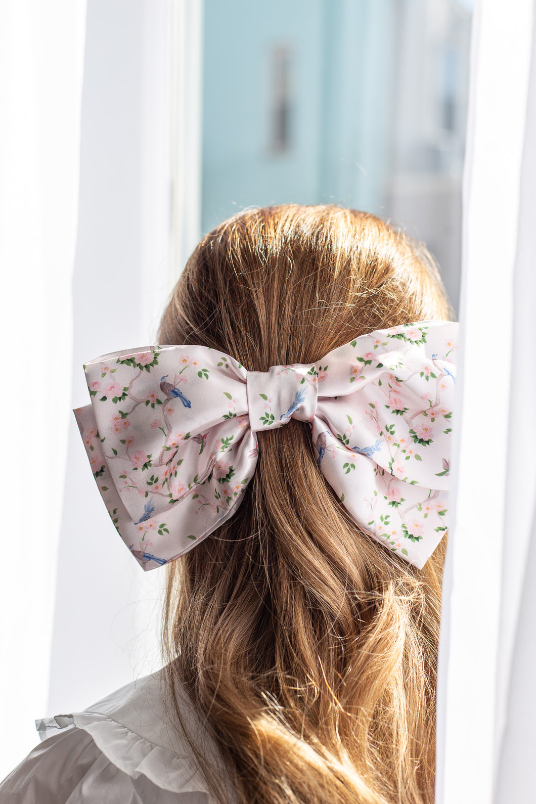 Clara large satin bow in pink chinoiserie, Elizabeth Alice Studio x Grace and Grandeur Bow Co.