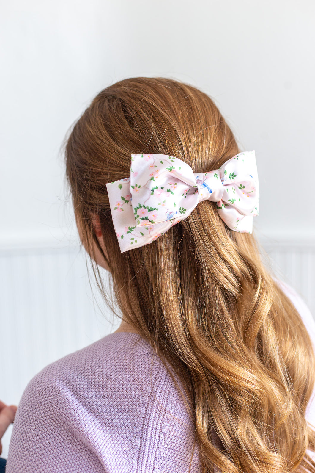 Clara satin bow in pink chinoiserie, Elizabeth Alice Studio x Grace and Grandeur Bow Co.
