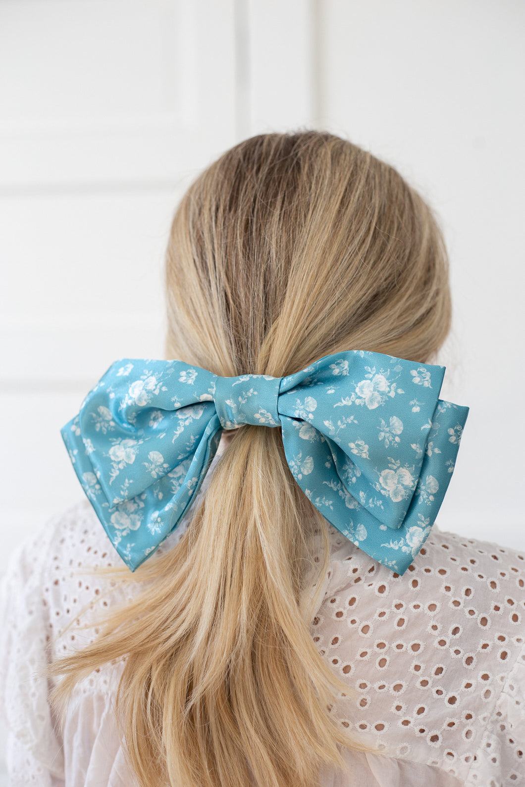 Clara large satin bow in teal floral, Elizabeth Alice Studio x Grace and Grandeur Bow Co.