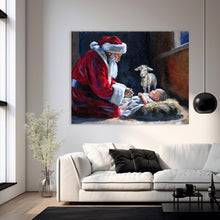 Load image into Gallery viewer, Santa kneeling before Baby Jesus, a fine art print
