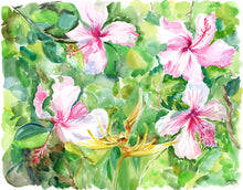 Load image into Gallery viewer, Hibiscus and Bird of Paradise, a fine art print on paper
