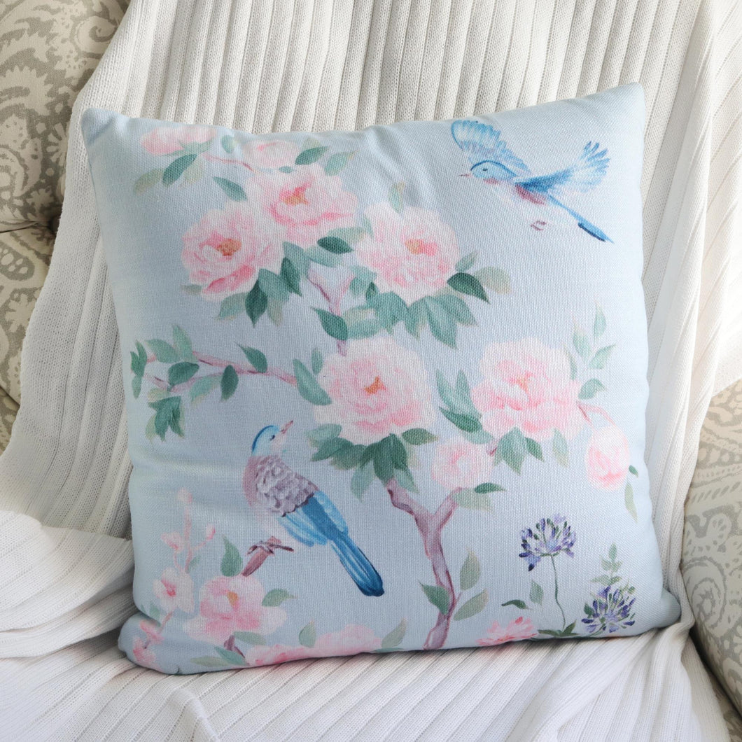 Blue chinoiserie throw pillow