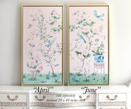 April, a pink chinoiserie canvas wrap, available framed