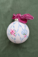 Load image into Gallery viewer, Ribbon trellis with fuchsia roses hand-painted, one of a kind ornament
