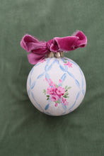 Load image into Gallery viewer, Ribbon trellis with fuchsia roses hand-painted, one of a kind ornament
