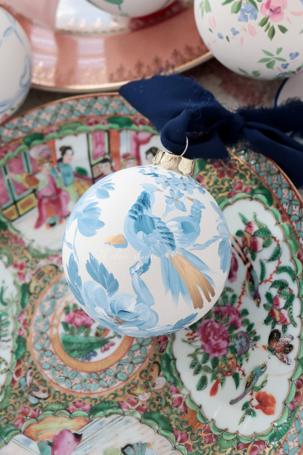 Peacock and peony hand-painted ornament