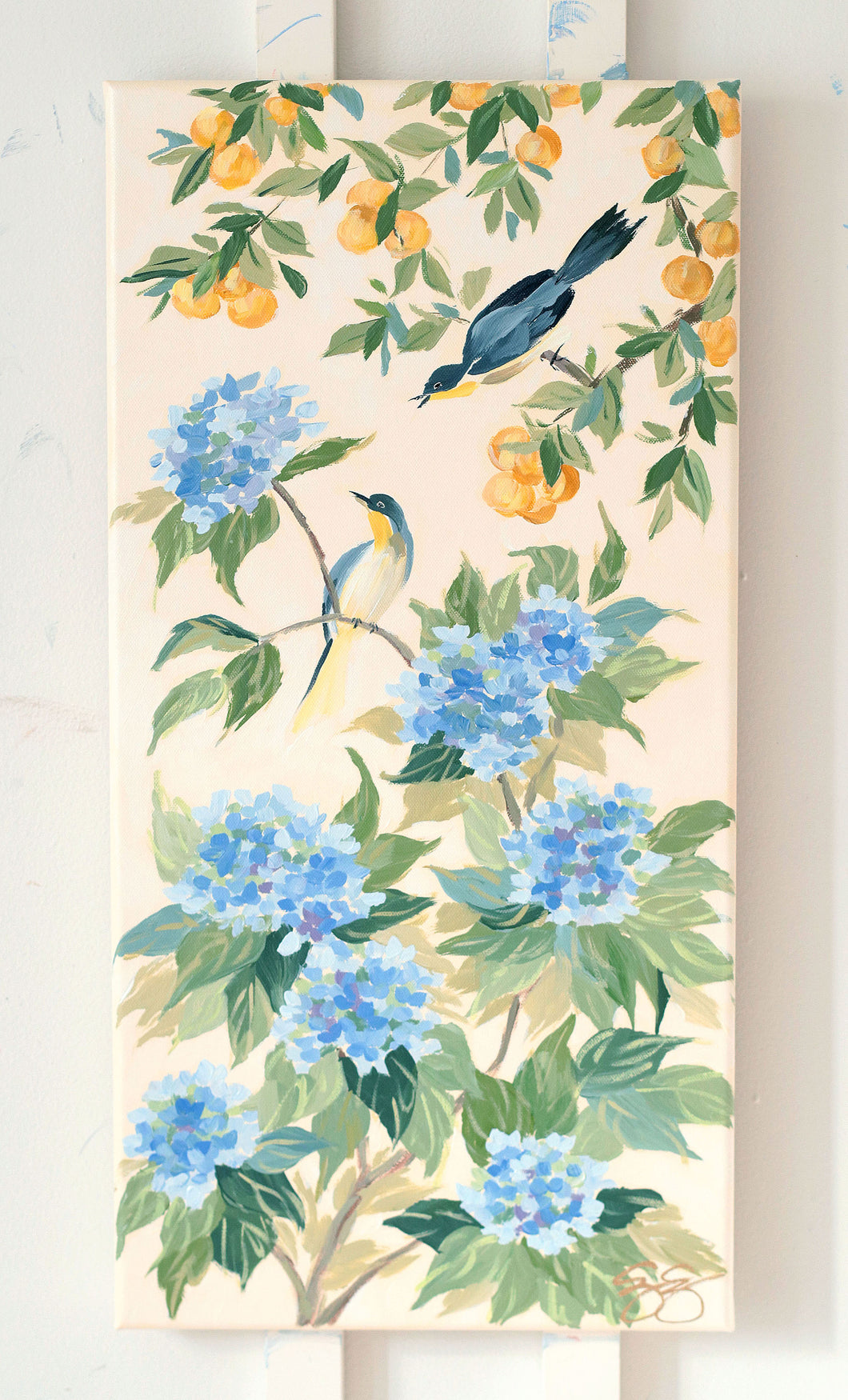 Chinoiserie painting of fruit and blue hydrangeas, 