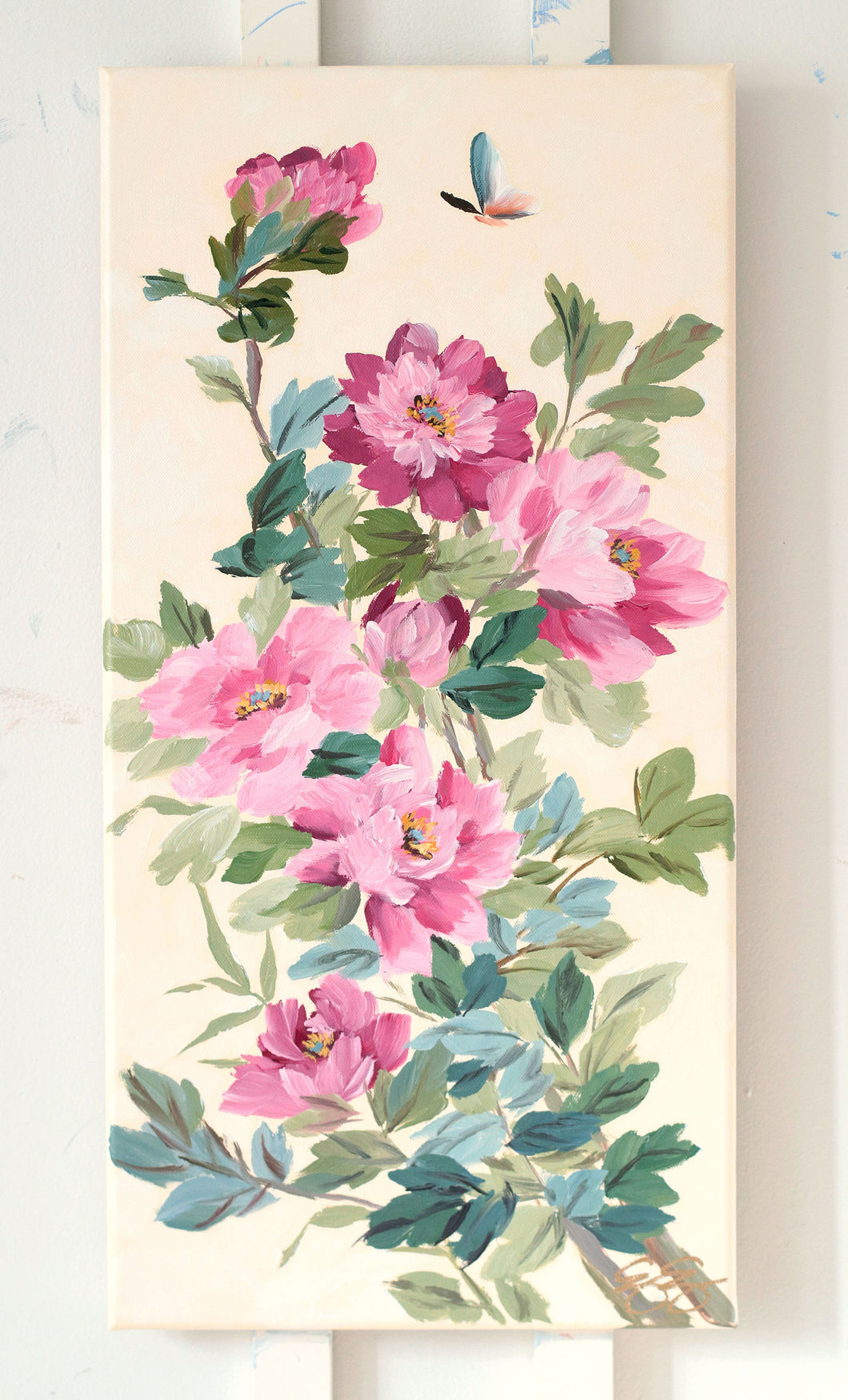 Chinoiserie painting of pink peonies, 