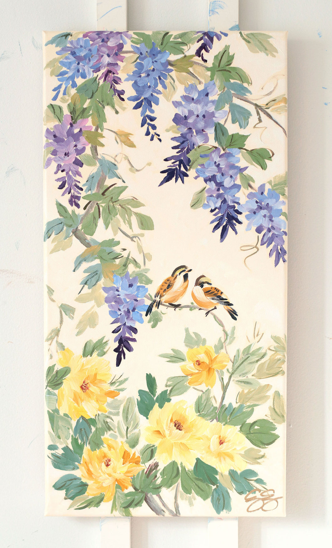 Chinoiserie painting of wisteria and yellow peonies, 
