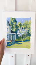 Load image into Gallery viewer, Original landscape painting of Victorian house and white dogwood tree - 8 x 10 on 11 x 14 paper
