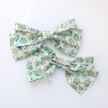 Load image into Gallery viewer, Clara large satin bow in green hydrangea, Elizabeth Alice Studio x Grace and Grandeur Bow Co.
