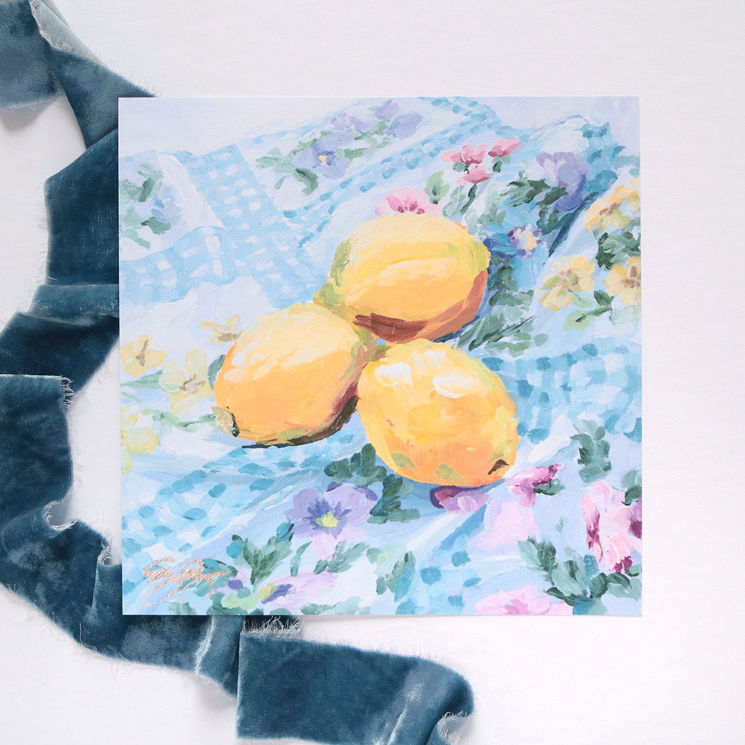 Lemons on Floral Fabric - 8 x 8 fine art print on paper