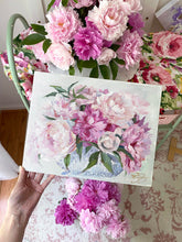 Load image into Gallery viewer, Original floral painting of pink peonies in milk glass bowl - 11&quot; x 14&quot; canvas board
