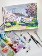 Waverly Mansion in springtime - 9 x 12 original watercolor painting