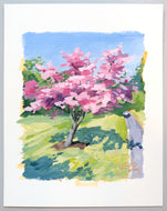 Original landscape painting of pink dogwood tree - 8 x 10 on 11 x 14 paper