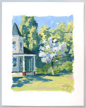 Load image into Gallery viewer, Original landscape painting of Victorian house and white dogwood tree - 8 x 10 on 11 x 14 paper

