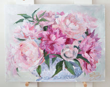 Load image into Gallery viewer, Original floral painting of pink peonies in milk glass bowl - 11&quot; x 14&quot; canvas board
