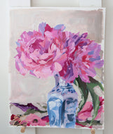 Original floral painting of pink peonies in blue and white vase - 11