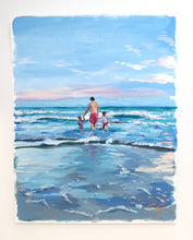 Load image into Gallery viewer, Dad with two girls in the waves - 11 x 14
