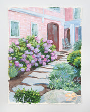 Load image into Gallery viewer, Pink beach house with hydrangea and stone path - 9 x 12
