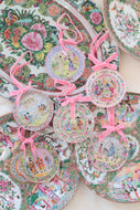 Set of 6 chinoiserie Christmas ornaments, biblical story of the birth of Jesus watercolors