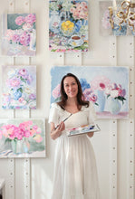 Load image into Gallery viewer, No. 463 - 16 x 20 original painting of peonies in blue and white vase with floral tablecloth
