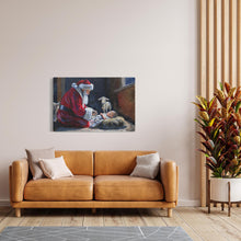 Load image into Gallery viewer, Santa kneeling before Baby Jesus, canvas wrap print
