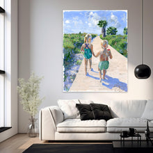 Load image into Gallery viewer, Beach babies: Sister and brother walking to the beach, a fine art print on paper
