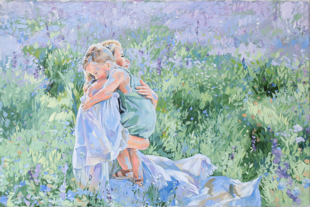 Mother's Embrace, Original painting of mother and son in a field of wildflowers - 24 x 36 with FREE frame