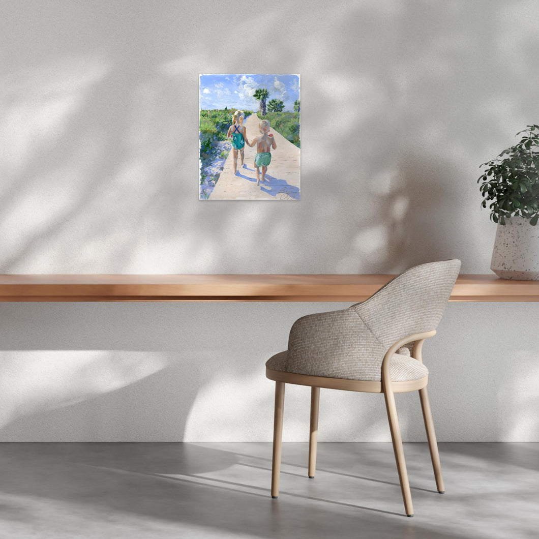 Beach babies: Sister and brother walking to the beach, a fine art print on paper