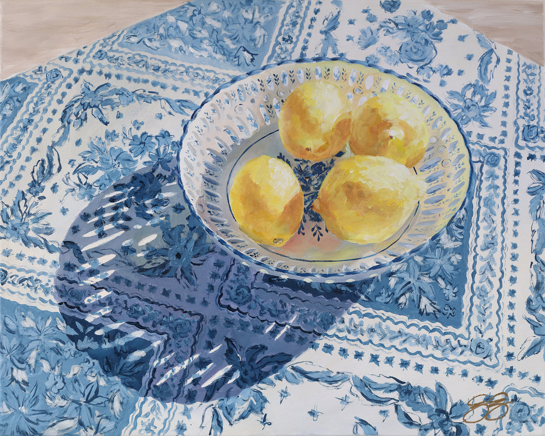 No. 199 Patterned Shadow, a fine art print on paper, lemons in blue and white bowl