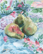 No. 325 Pears on floral fabric, a fine art print on paper
