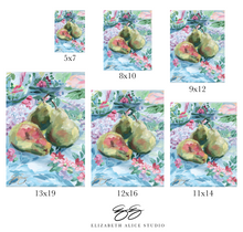 Load image into Gallery viewer, No. 325 Pears on floral fabric, a fine art print on paper
