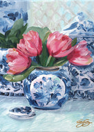 No. 186 Pink Tulips, Blue Vase, a fine art print on paper